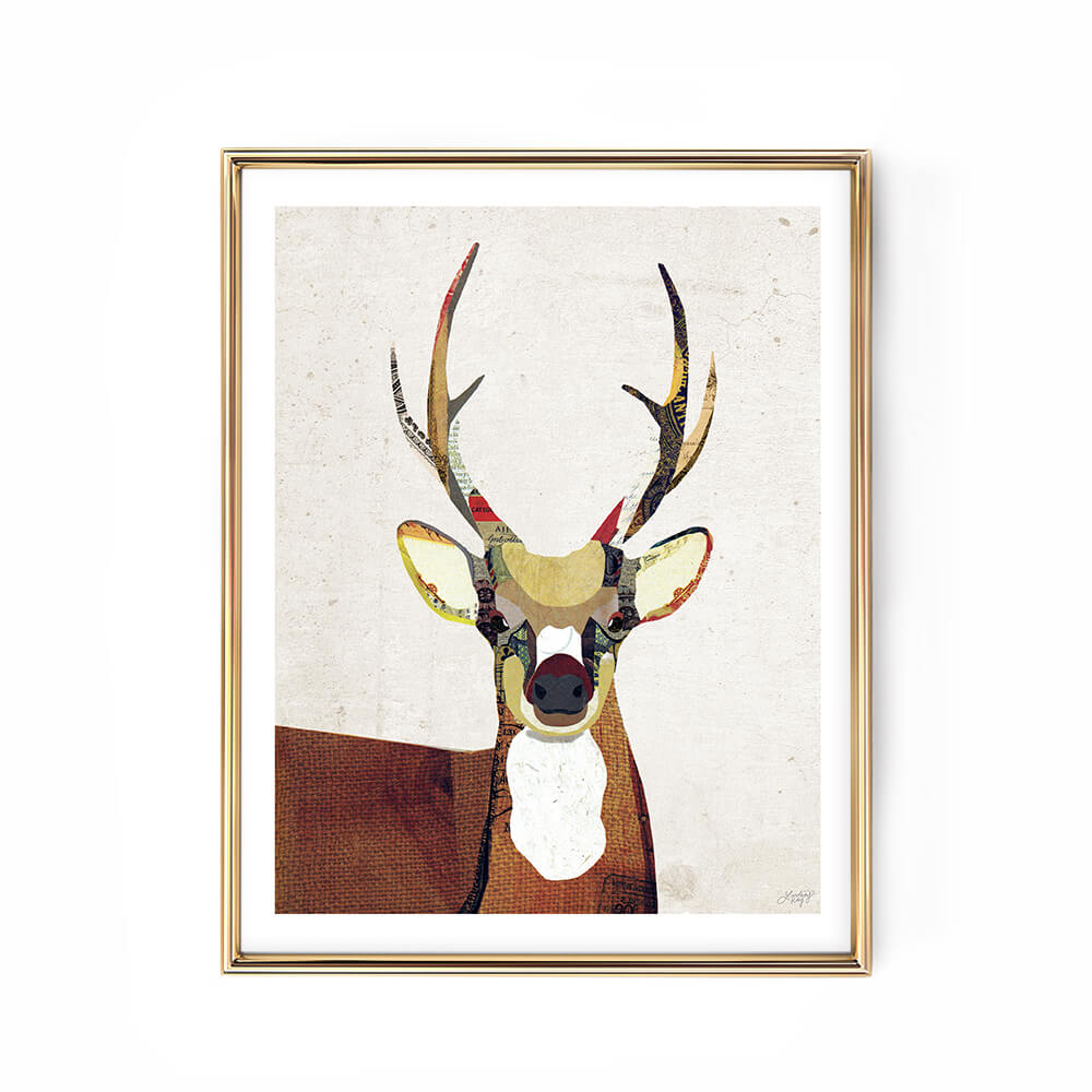 deer collage illustration art print woodland nursery cabin decor wall art