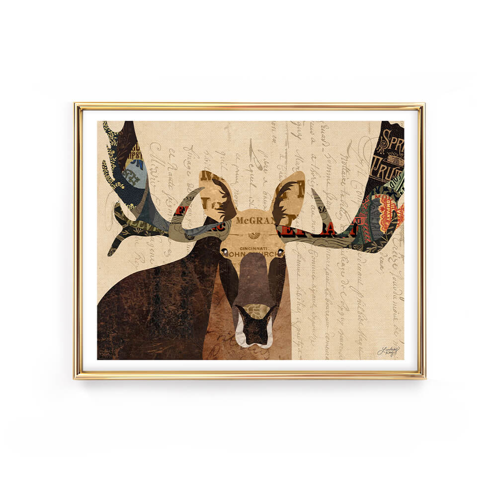 moose collage illustration art print cabin decor woodland art