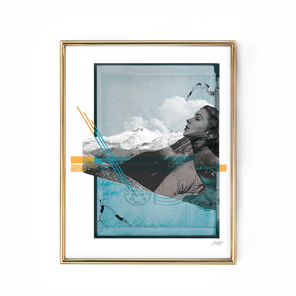 Abstract collage art print of a woman in the mountains, combining surreal and earthy elements. Printed on high-quality matte paper and available in multiple sizes. Perfect for boho, mystical, or nature-inspired home decor.