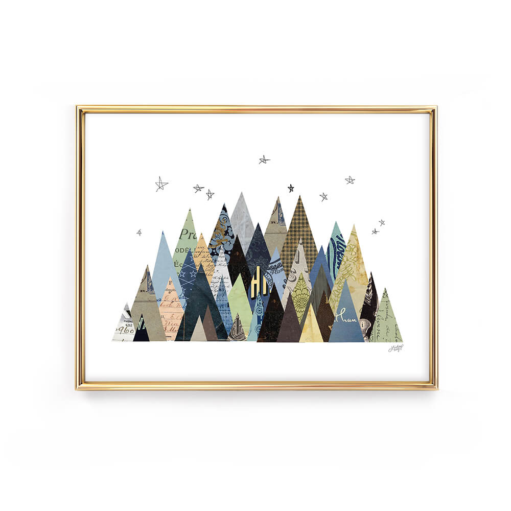 Abstract mountain landscape collage art print by Lindsey Kay Collective – rustic wall art made from vintage cut paper – nature-inspired decor for cabins, mountain homes, or gallery walls – printed on enhanced matte paper with vibrant inks – available in multiple sizes