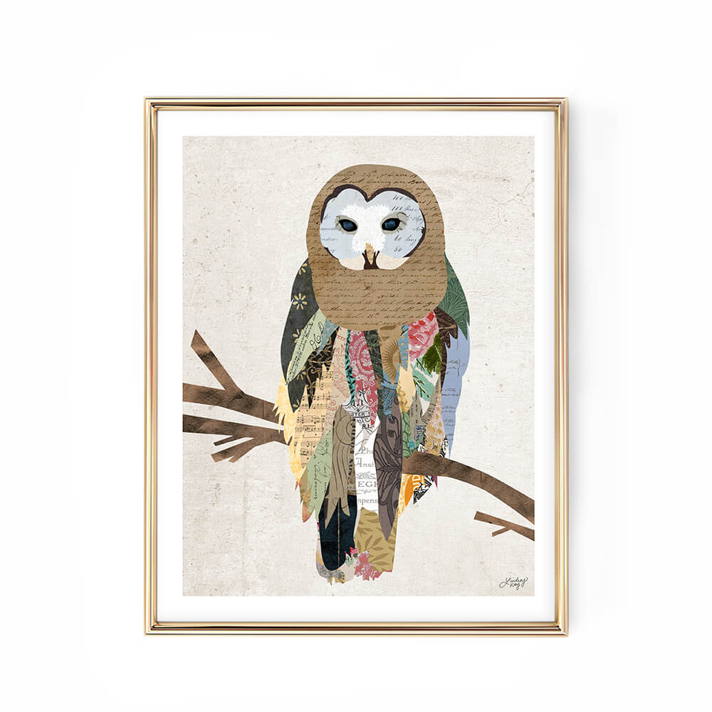 Collaged owl art print by Lindsey Kay Collective – handmade mixed media wall art created from vintage paper – rustic woodland decor perfect for cabins, nurseries, or gallery walls – printed on enhanced matte paper with vibrant inks – available in multiple sizes