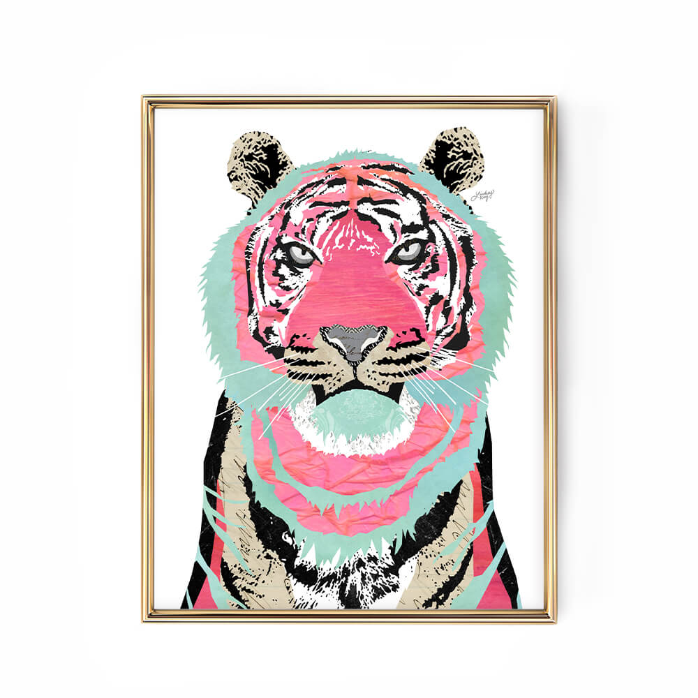 Teal and pink collaged tiger art print by Lindsey Kay Collective – one-of-a-kind animal wall art made from vintage paper – bold vibrant tiger design perfect for gallery walls, dorm rooms, or animal lovers – printed on enhanced matte paper with bright inks – available in 10 sizes