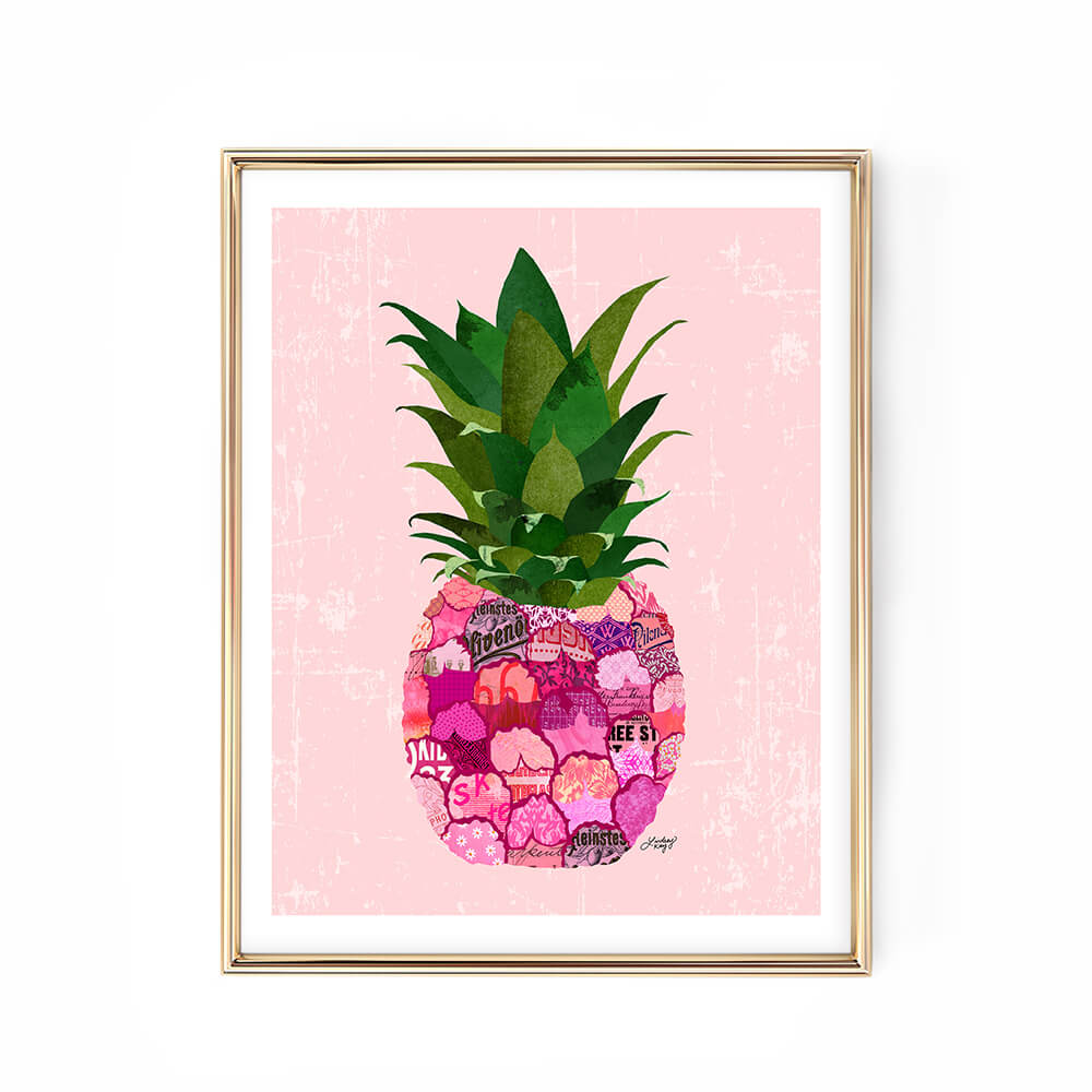 pink pineapple collage illustration art print poster