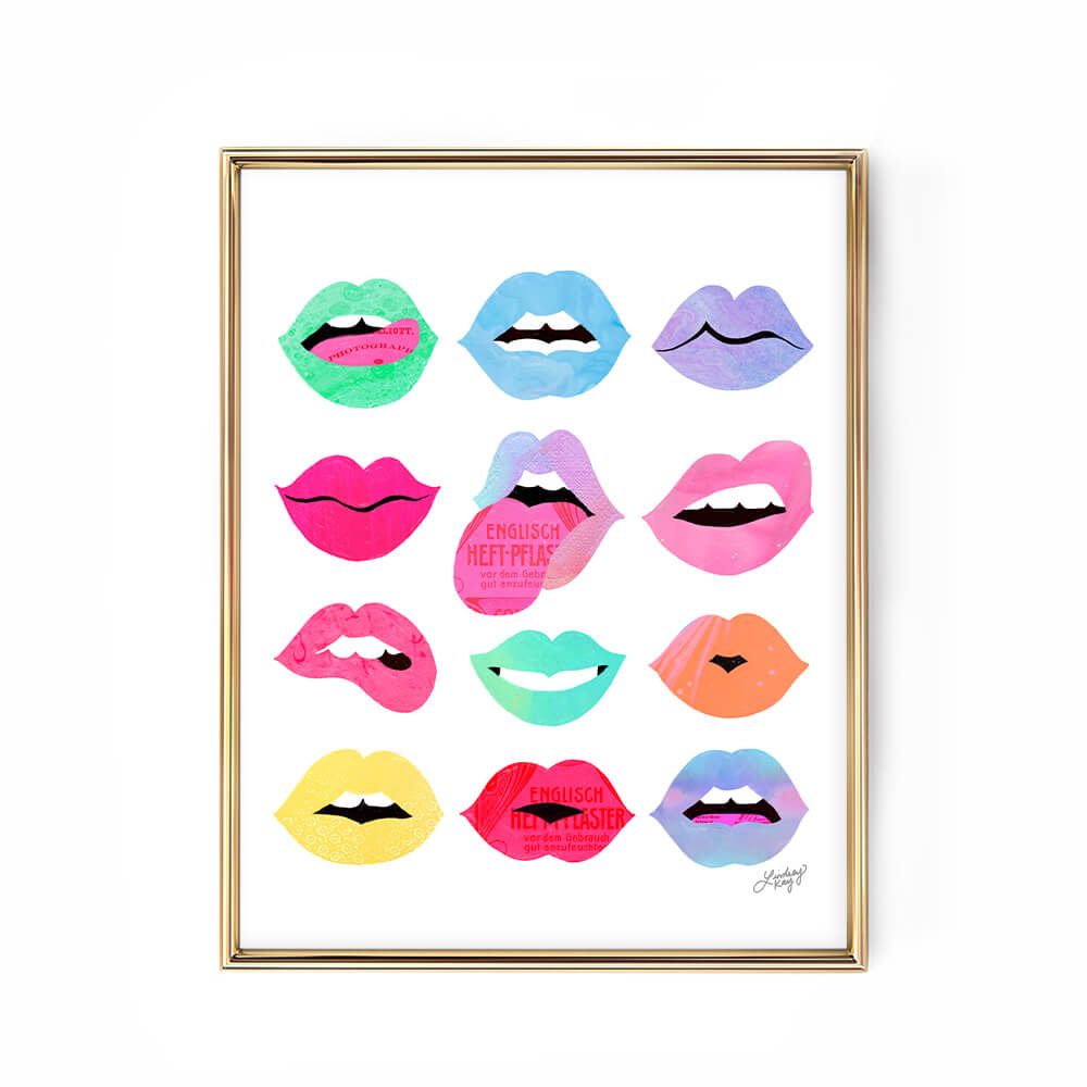 Hand-illustrated rainbow lips art print by Lindsey Kay, printed on matte paper. Available in extra small to extra large sizes. Perfect colorful wall decor for dorm rooms, apartments, or any space needing a pop of personality.
