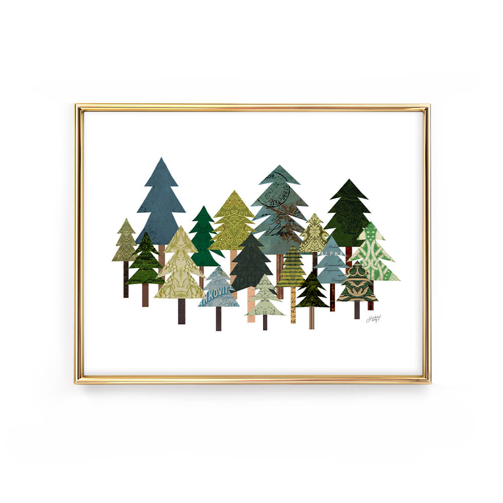 abstract pine trees collage illustration art print poster