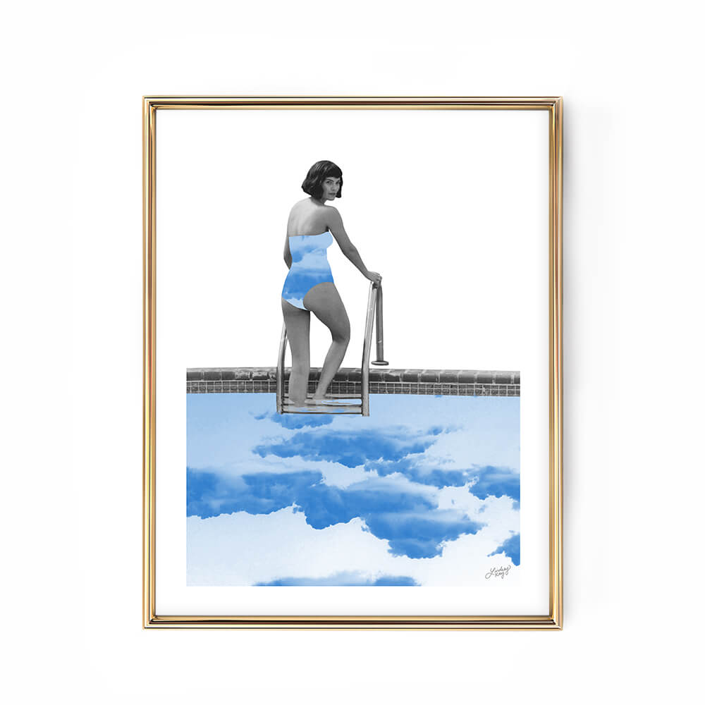 abstract woman pool water collage art print poster