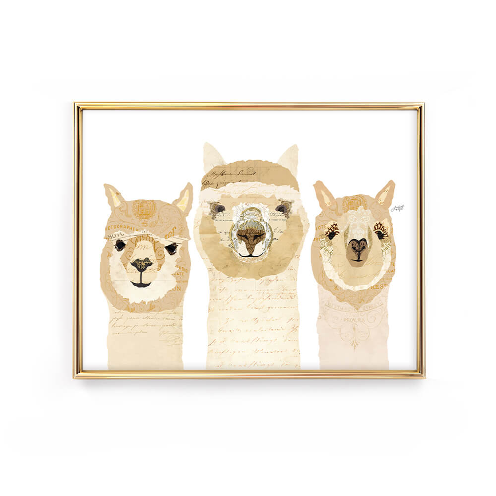 Three alpaca collage art print by Lindsey Kay Collective – boho wall art made from vintage paper – cute animal portraits perfect for alpaca lovers, nurseries, or eclectic gallery walls – printed on enhanced matte paper with vibrant inks – available in multiple sizes