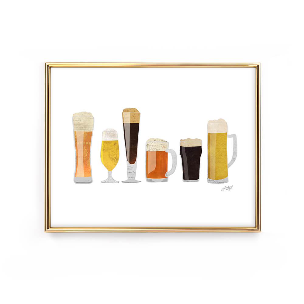 beer glasses collage illustration art print gift man cave lindsey kay collective