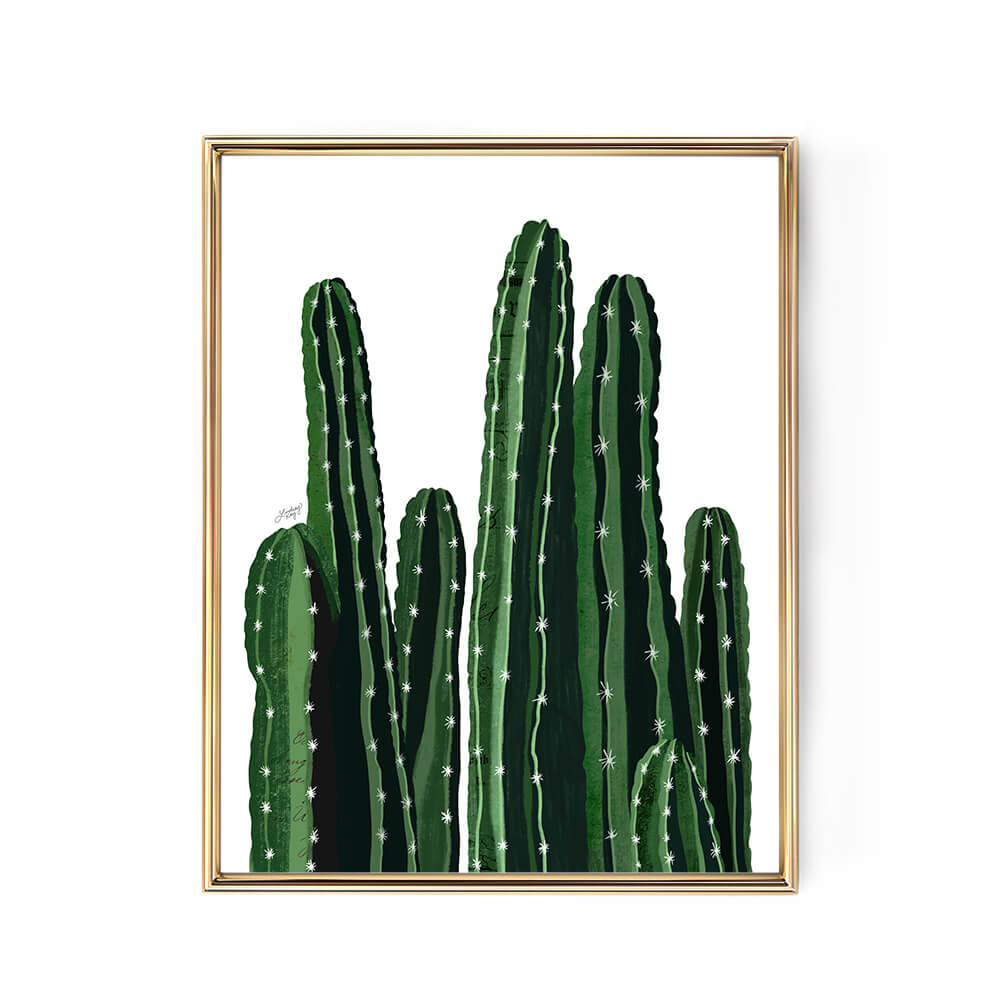 Green columnar cactus collage art print by Lindsey Kay Collective – desert wall art made from vintage paper – southwestern botanical decor for desert homes or gallery walls – rustic cactus print on enhanced matte paper with vibrant inks – available in multiple sizes