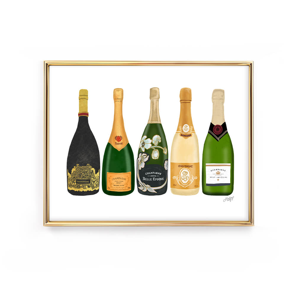 champagne wine bottles illustration drawing art print wall-art poster gift party celebrate bar-cart bar kitchen lindsey kay collective