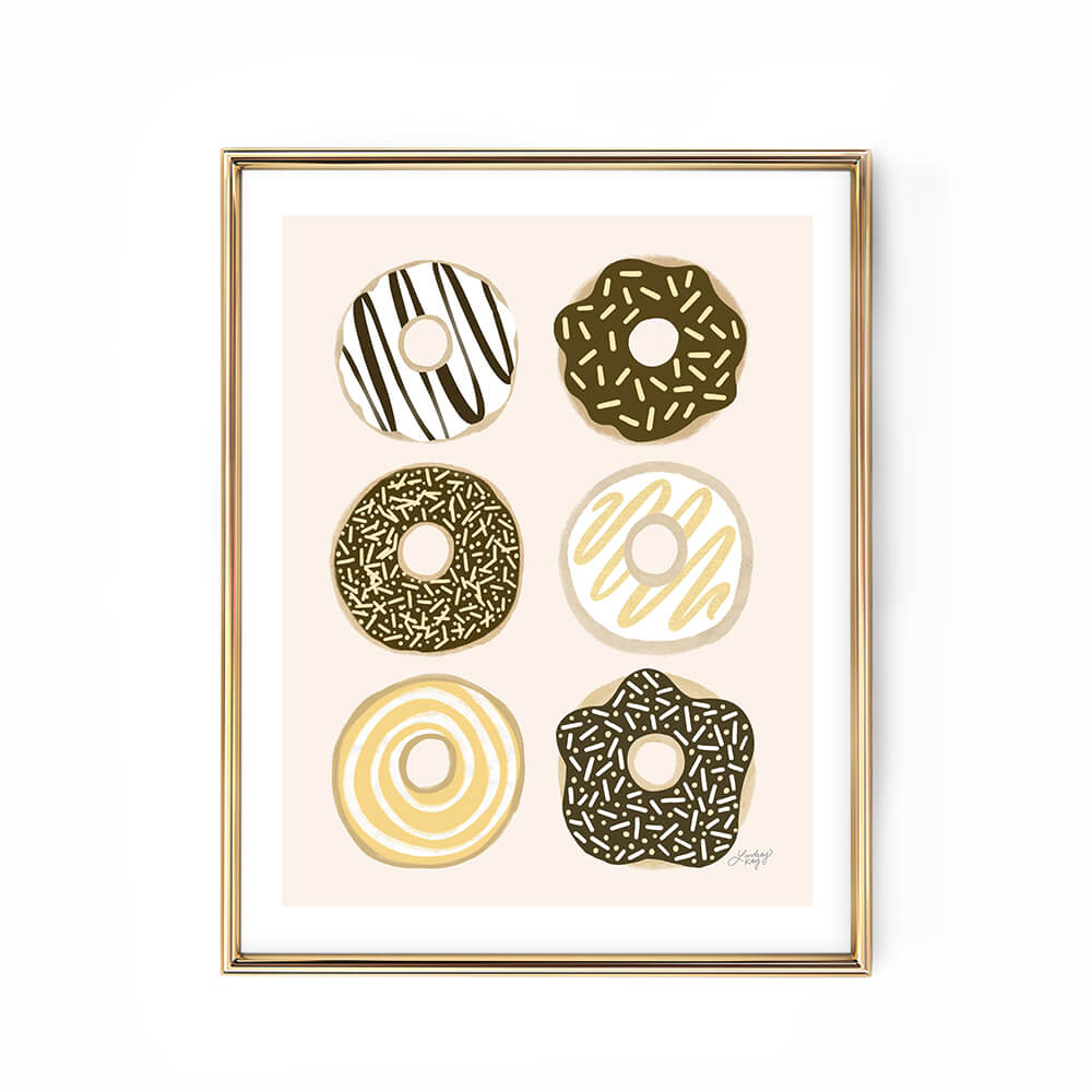 Hand-illustrated colorful donuts art print by Lindsey Kay Collective – 6 vibrant pastel donuts wall decor for kitchens, bakeries, gallery walls, or dorm rooms – printed on enhanced matte paper with bright inks – available in 10 sizes – trendy donut lover wall art poster