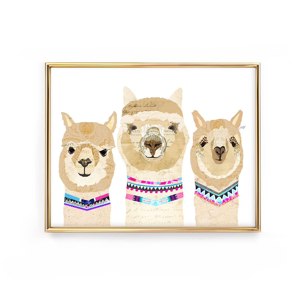 Three alpaca collage art print by Lindsey Kay Collective – boho wall art made from vintage paper – cute animal portraits perfect for alpaca lovers, nurseries, or eclectic gallery walls – printed on enhanced matte paper with vibrant inks – available in multiple sizes