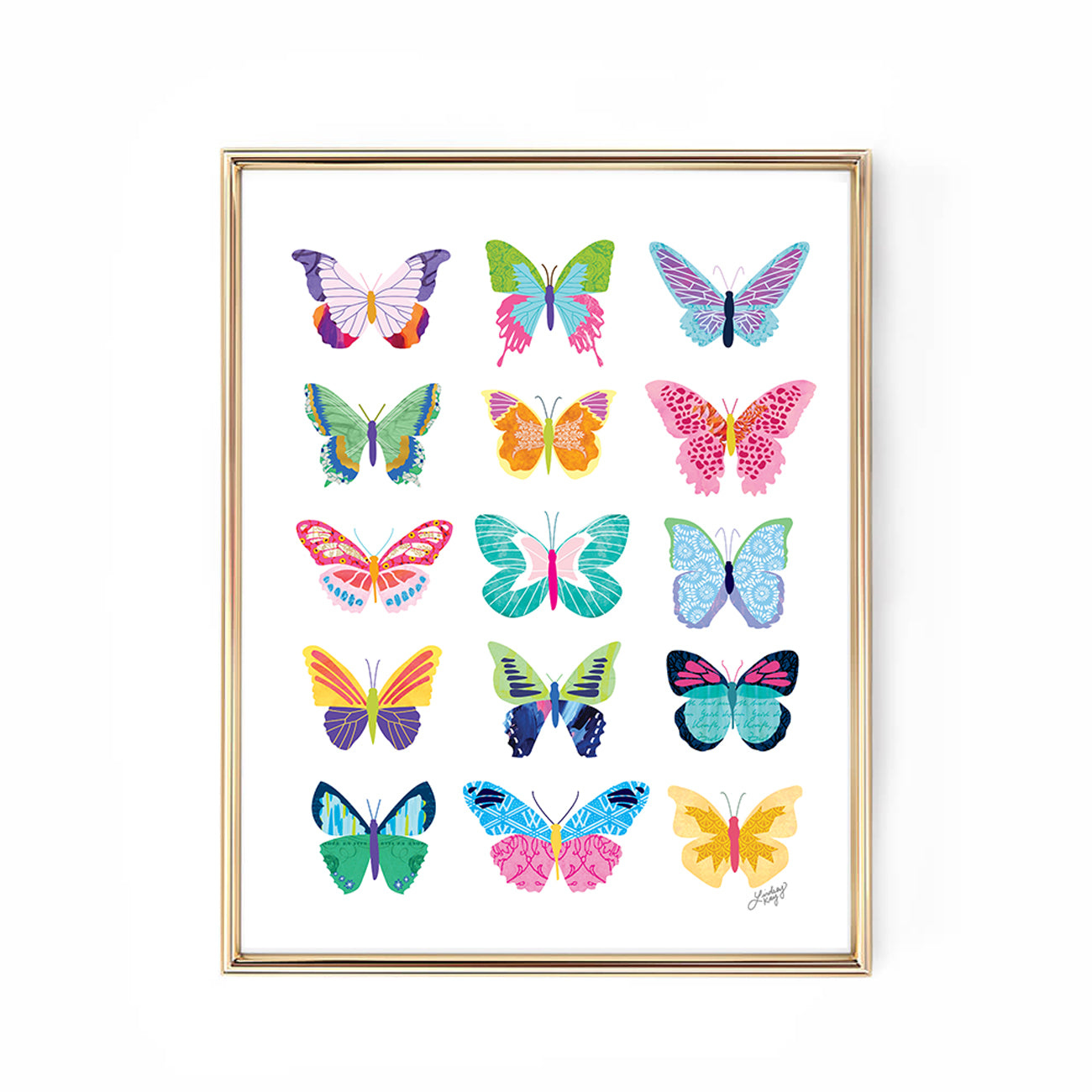 Handmade butterfly collage art print by Lindsey Kay Collective – mixed media wall art created from vintage paper with detailed colorful butterflies – available in three color palettes: pinks, greens/blues, and rainbow – perfect for gallery walls, dorm rooms, or colorful decor – printed on enhanced matte paper with vibrant inks – available in 10 sizes