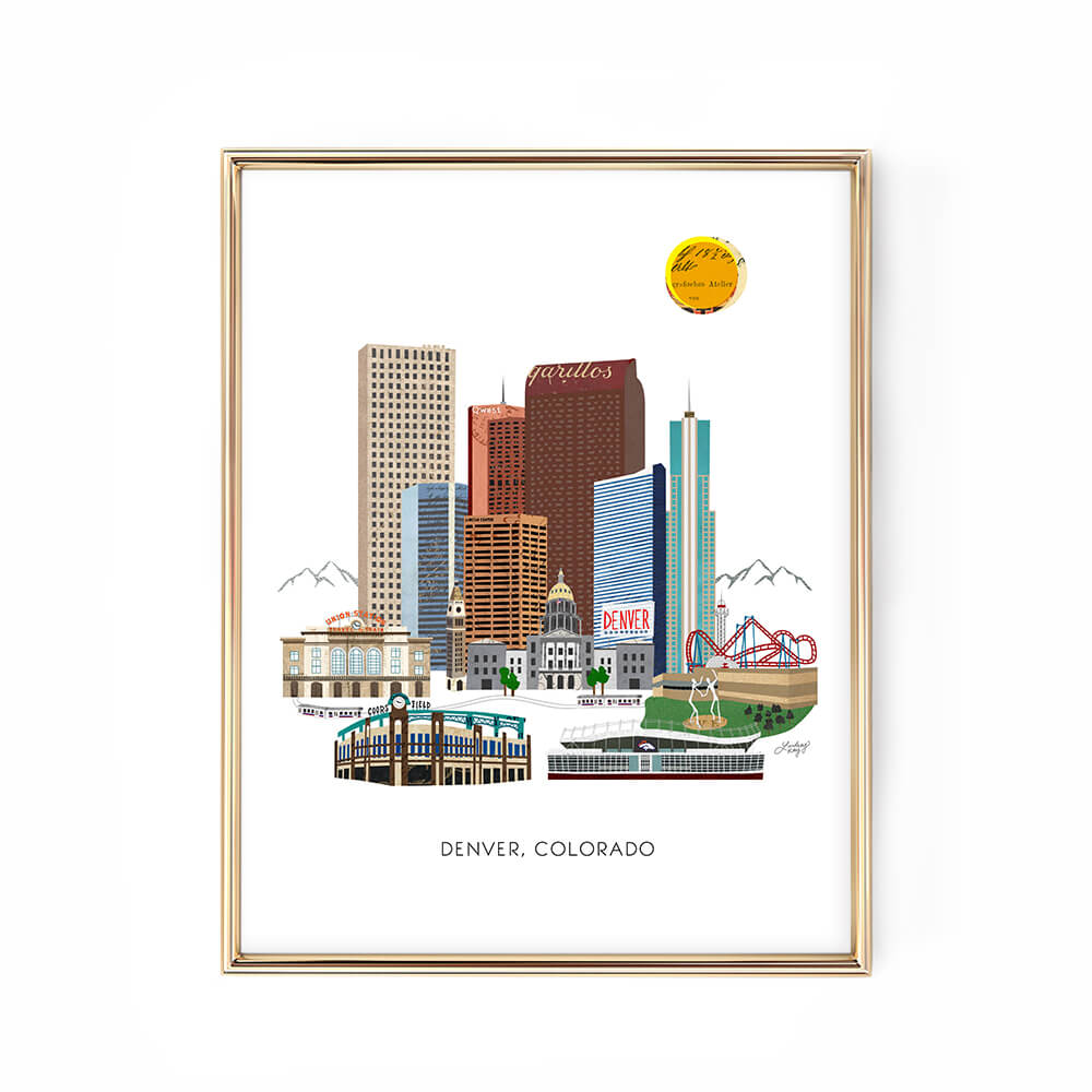 Hand-illustrated downtown Denver skyline art print by Lindsey Kay Collective – modern cityscape wall art perfect for Denver homes, offices, or gallery walls – printed on enhanced matte paper with vibrant inks – available in 5x7, 8x10, 11x14, 11x17, 12x12, 12x18, 13x19, 16x20, 18x24, and 24x36 sizes