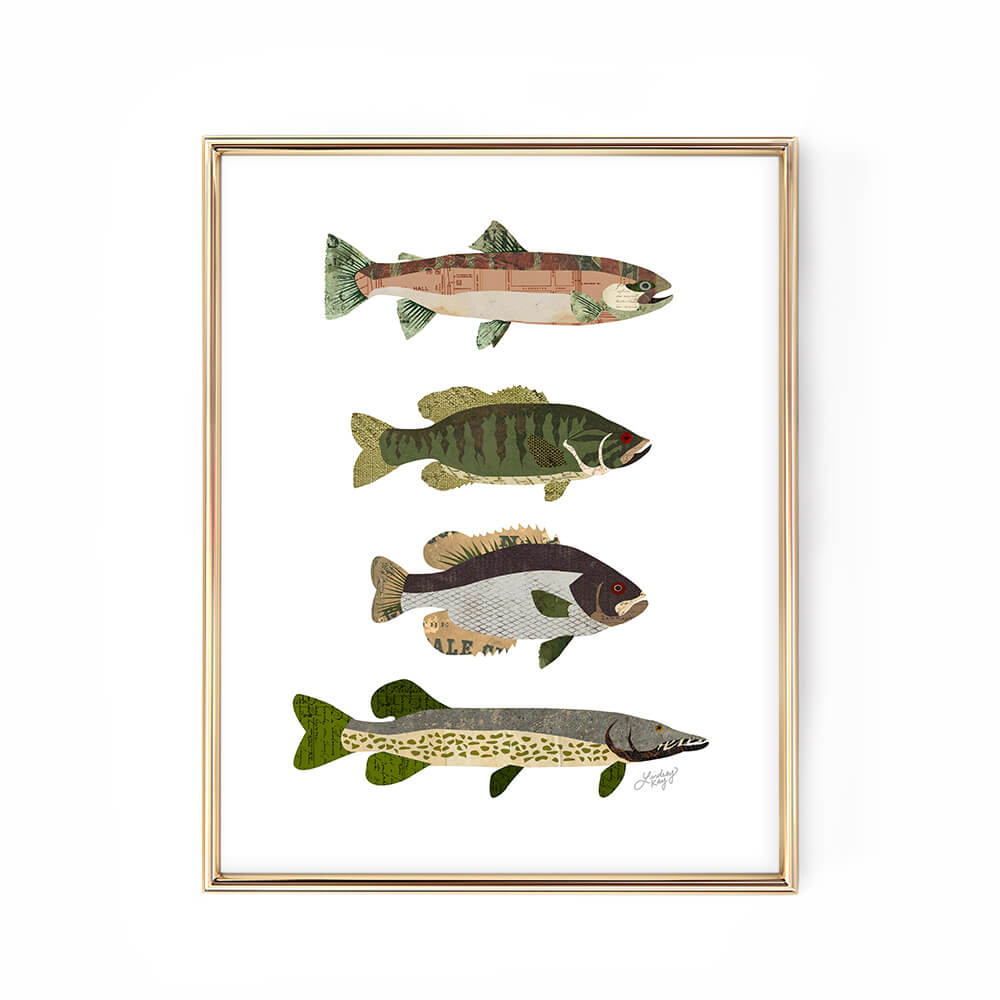 fish lake cabin illustration collage art print decor lindsey kay collective