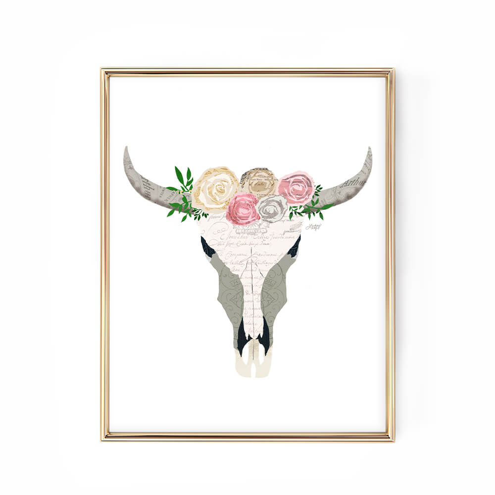 flower cow skull illustration collage art print poster wall art lindsey kay collective