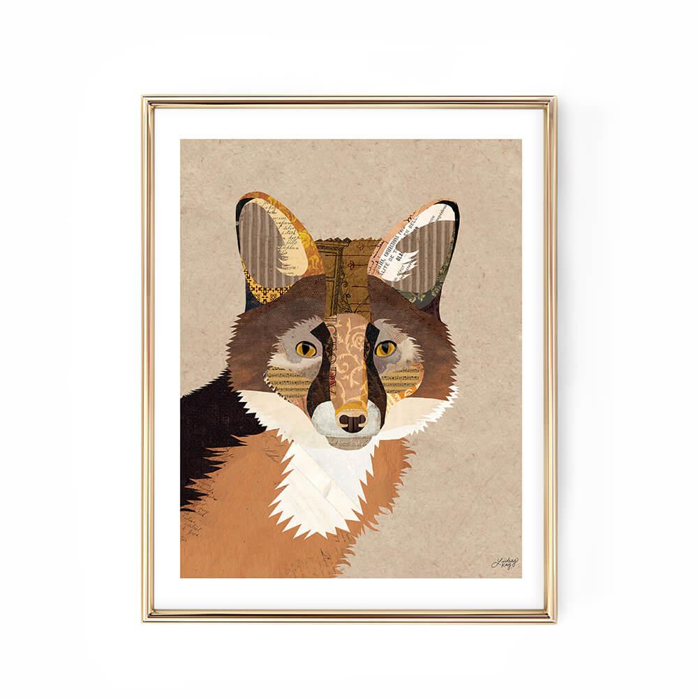 Woodland fox collage art print by Lindsey Kay Collective – abstract animal portrait created from vintage paper – rustic wildlife wall art for cabins, nurseries, or gallery walls – printed on enhanced matte paper with vibrant inks – available in multiple sizes