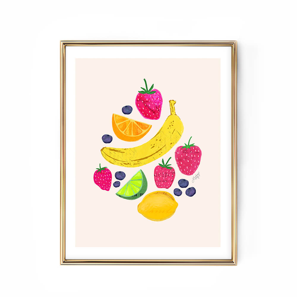 fruit illustration art print poster kitchen decor strawberry banana lime lemon blueberry