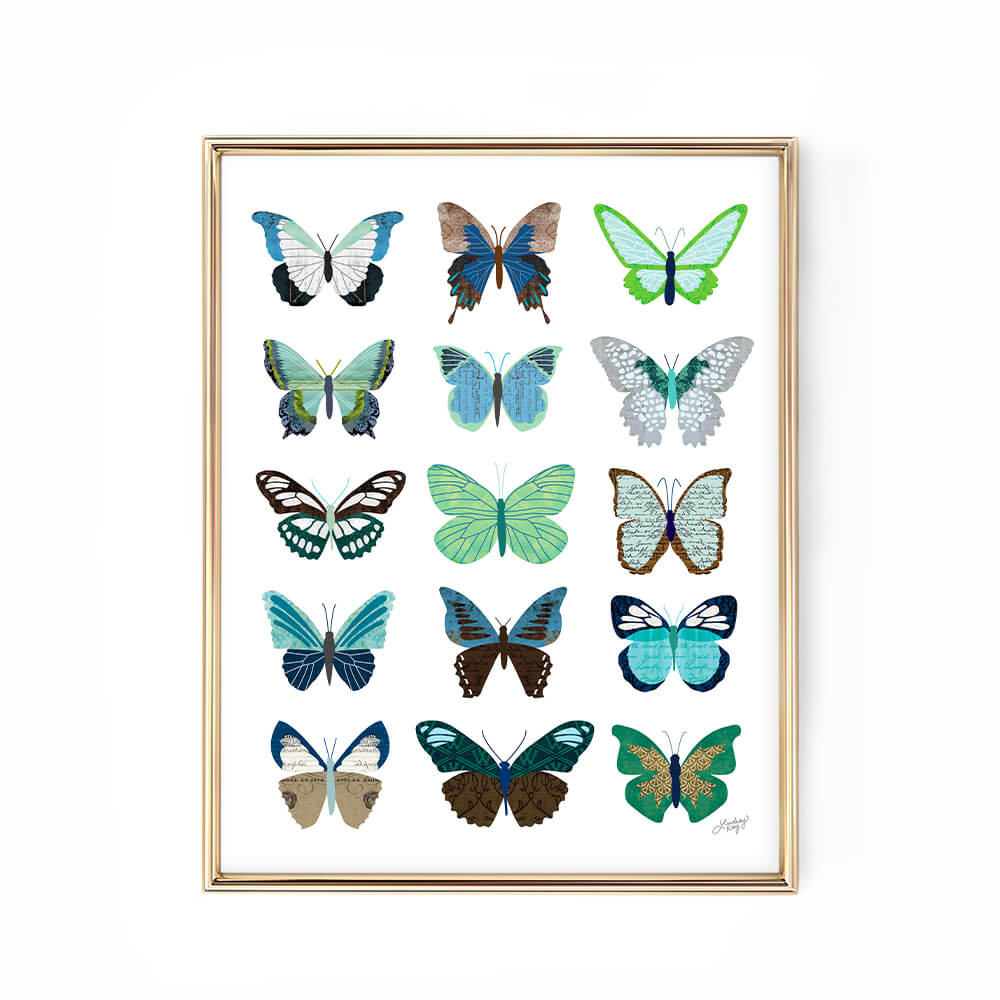 Handmade butterfly collage art print by Lindsey Kay Collective – mixed media wall art created from vintage paper with detailed colorful butterflies – available in three color palettes: pinks, greens/blues, and rainbow – perfect for gallery walls, dorm rooms, or colorful decor – printed on enhanced matte paper with vibrant inks – available in 10 sizes