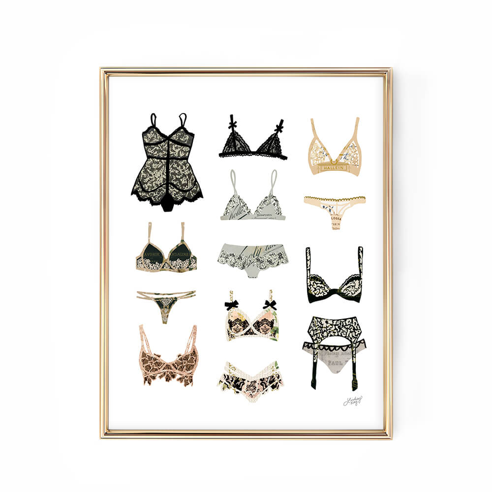 Hand drawn lingerie collage art print by Lindsey Kay Collective. Features a collection of stylish and sexy illustrated lingerie pieces. Printed on enhanced matte paper, available in multiple sizes. Perfect for bedroom, vanity, or fashion-forward gallery walls.