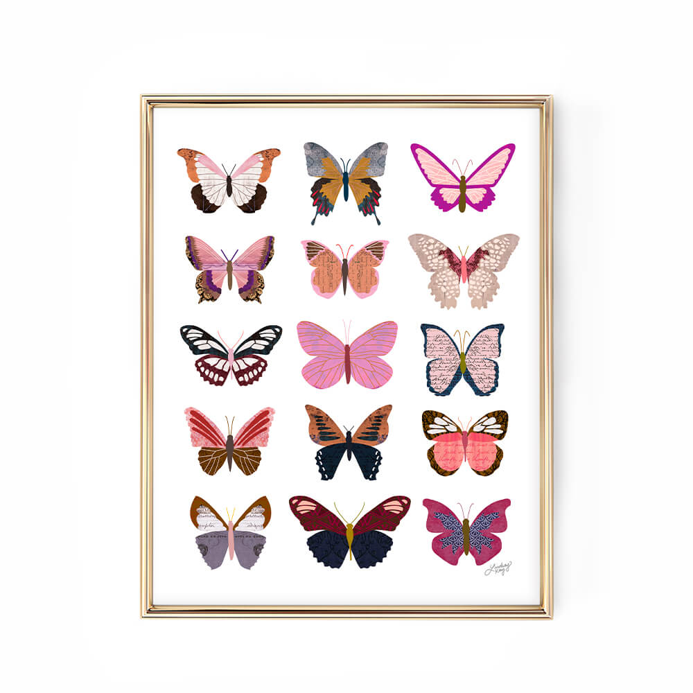 pink butterflies collage illustration wall art print lindsey kay collective