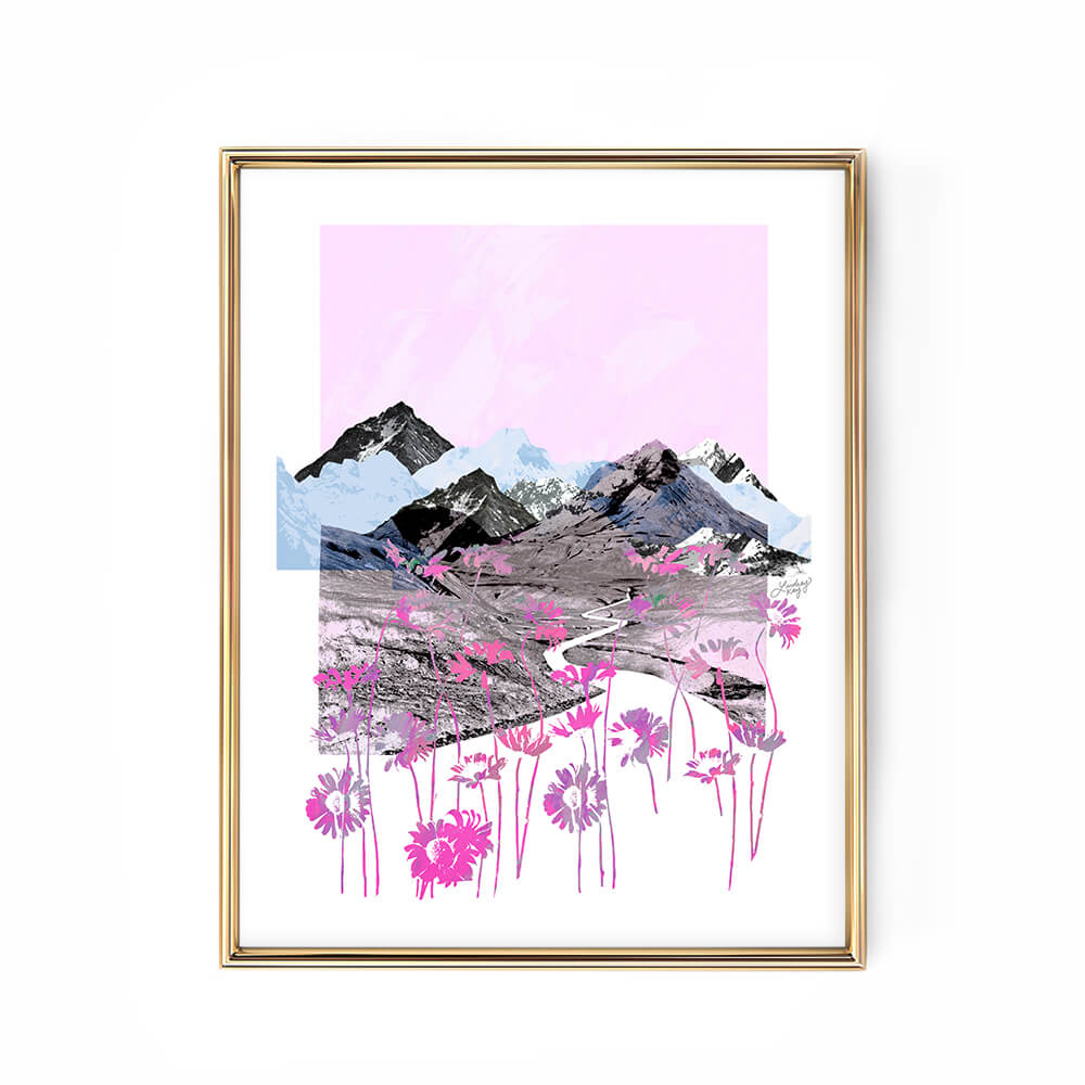 pink purple blue daisy mountains abstract collage illustration art print poster