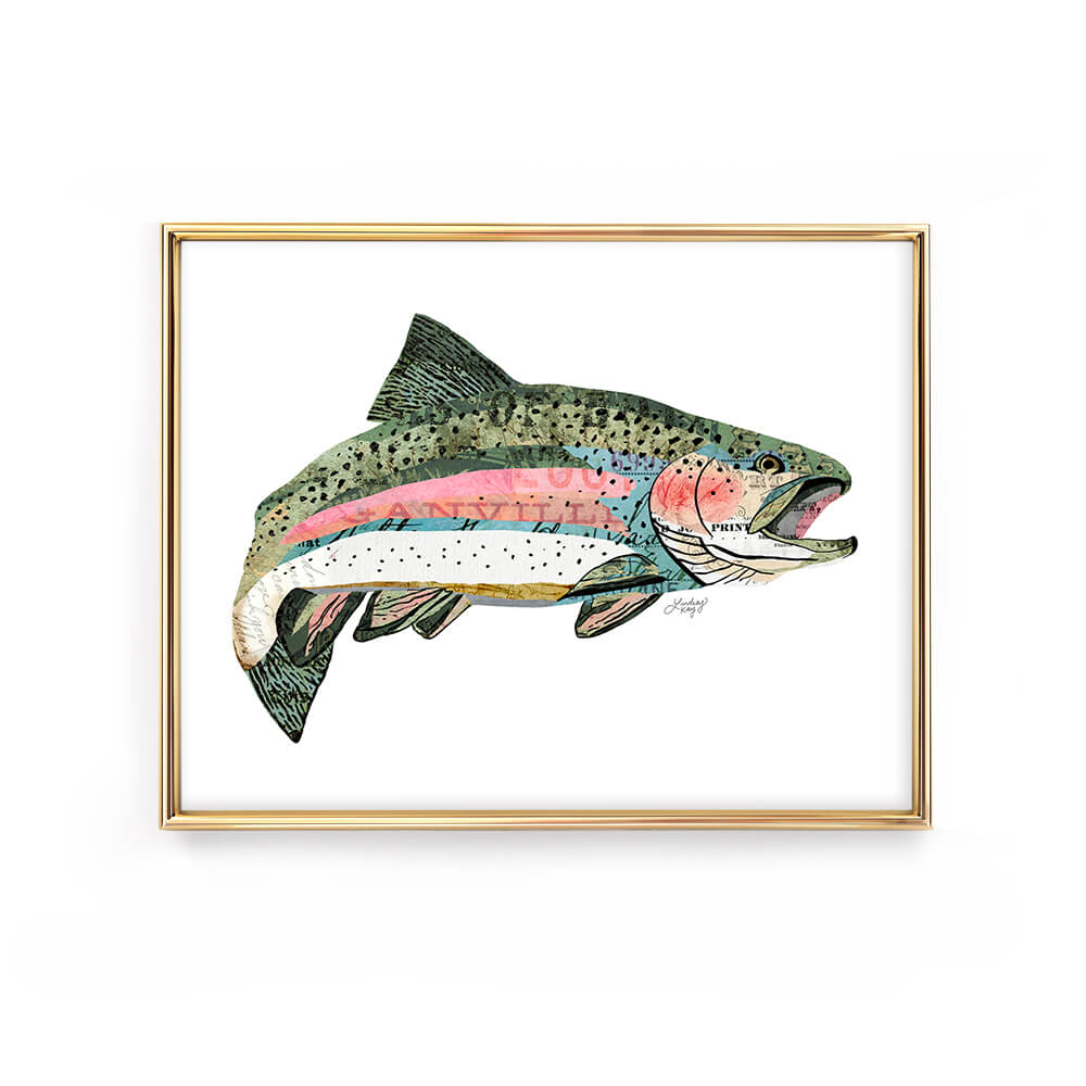 rainbow trout collage illustration fish art print poster