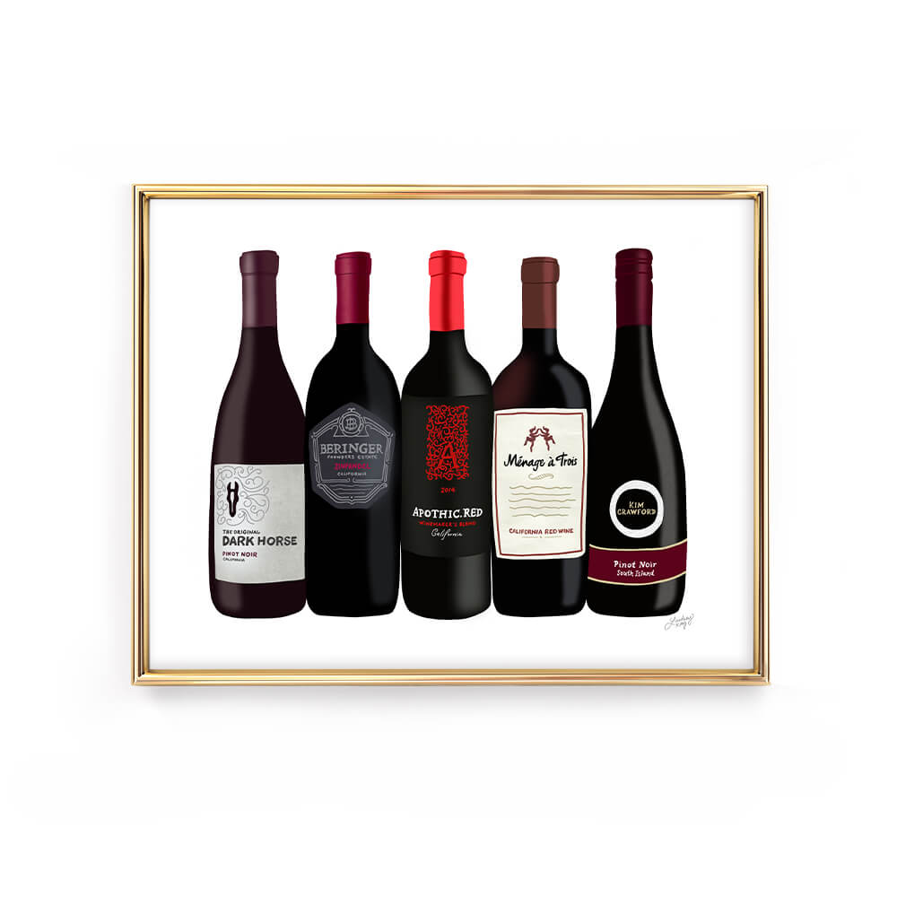 red wine bottles illustration design art print wall art gift bar cart decor lindsey kay collective