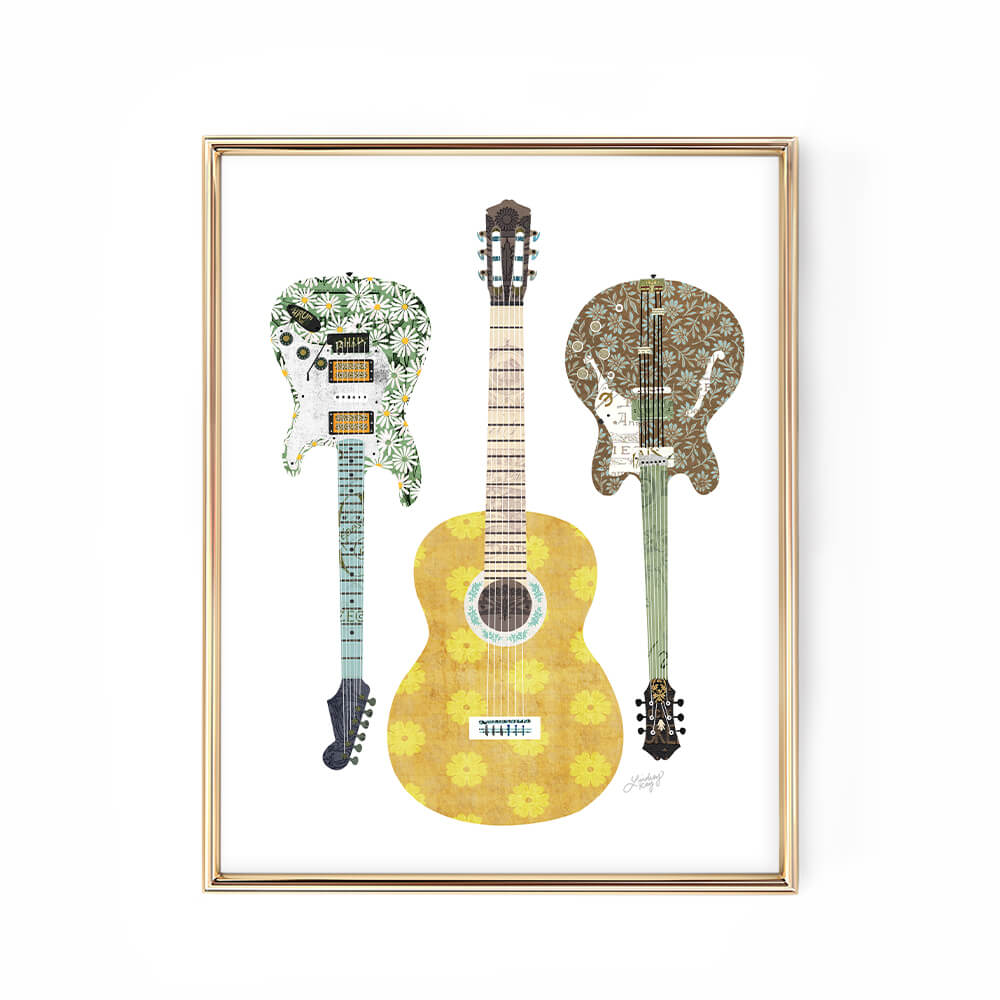 Retro guitar collage art print by Lindsey Kay Collective – digital mixed media artwork created with vintage found paper – available in three color palettes – perfect for music lovers, musicians, gallery walls, or first apartments – printed on enhanced matte paper with vibrant inks – available in 10 sizes
