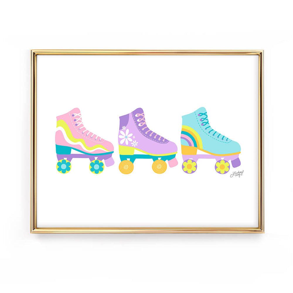 Hand-illustrated retro flower power roller skates art print by Lindsey Kay Collective – vintage colorful roller skate wall art – available in three retro color palettes – perfect for dorm rooms, sororities, or gallery walls – printed on enhanced matte paper with vibrant inks – available in 10 sizes