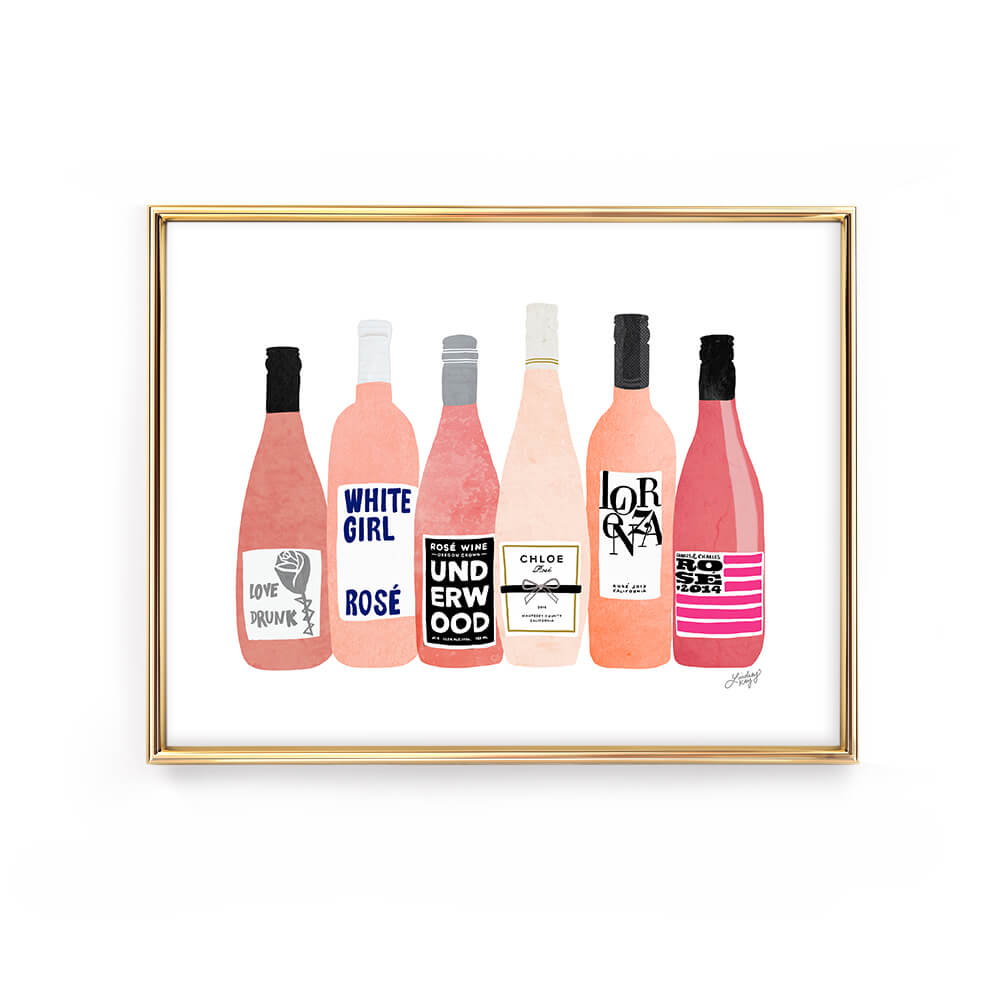 Hand drawn rose wine bottles art print by Lindsey Kay Collective. Colorful illustrated rose wine bottles perfect for bar cart décor, kitchen walls, or fun gallery spaces. Printed on enhanced matte paper, available in multiple sizes.