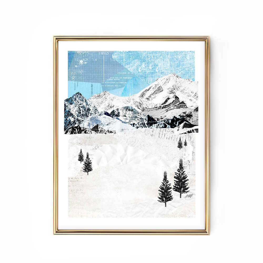 Snowy landscape collage art print by Lindsey Kay Collective – abstract winter wall art made from vintage paper – available with or without ski lift – rustic mountain decor perfect for cabins, ski homes, or cozy gallery walls – printed on enhanced matte paper with vibrant inks – available in multiple sizes