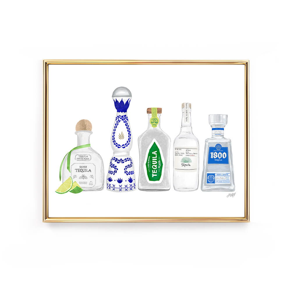 Hand drawn tequila bottles art print by Lindsey Kay Collective. Colorful illustrated tequila bottles perfect for bar cart décor, kitchen walls, or fun gallery spaces. Printed on enhanced matte paper, available in multiple sizes.