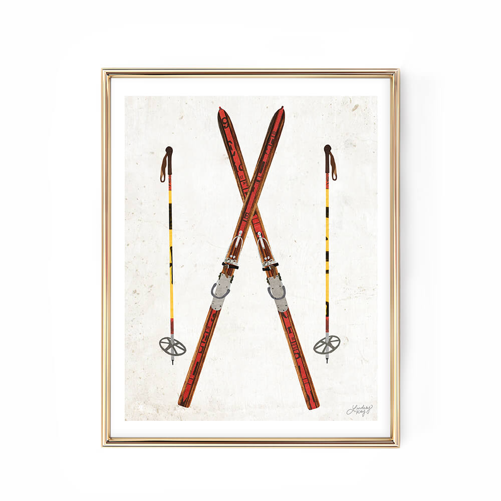 Rustic vintage skis collage art print by Lindsey Kay Collective – mixed media ski wall art created with vintage paper textures – perfect for cabins, ski lodges, or mountain homes – cozy winter decor printed on enhanced matte paper with vibrant inks – available in multiple sizes