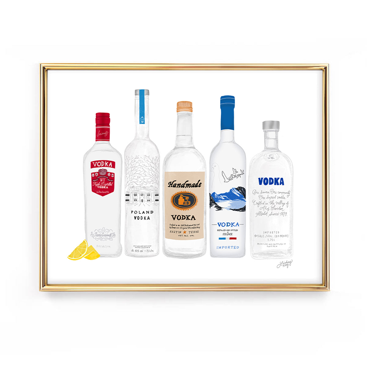 vodka bottles illustration art print wall art bar cart dorm room gift lindsey kay collective