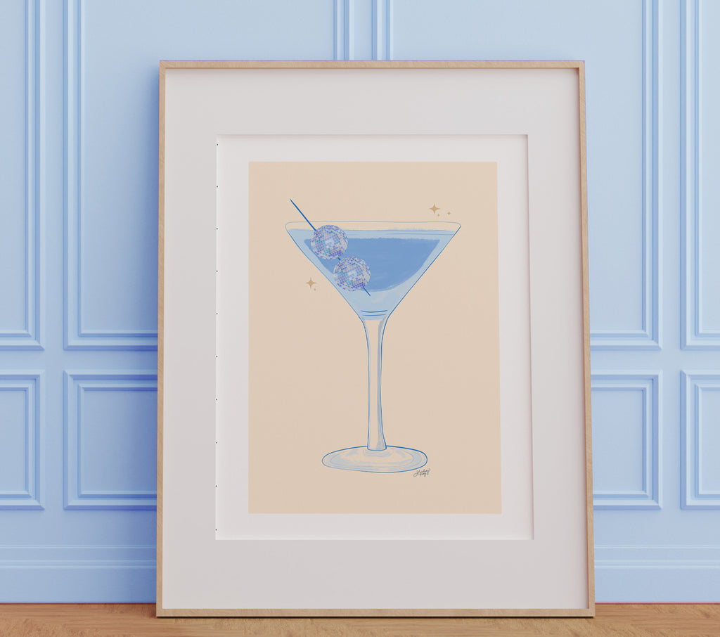 Disco Ball Martini Illustration (Blue Palette) - Art Print