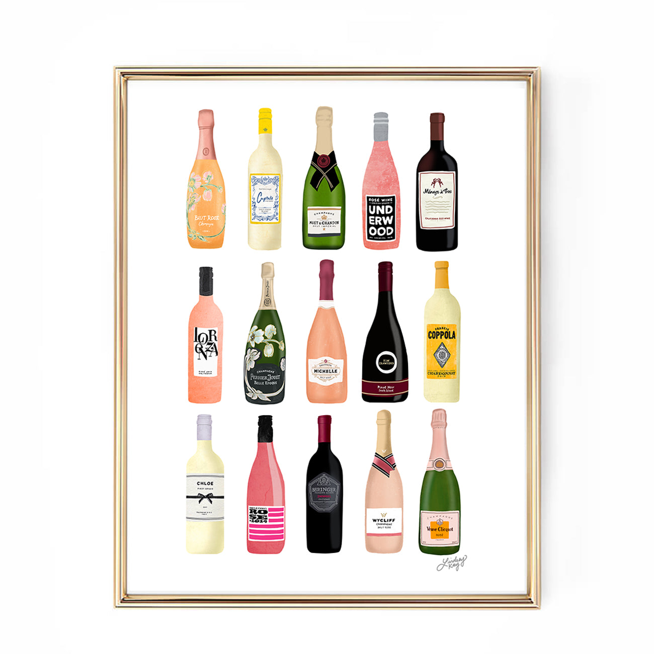 wine champagne bottles illustration design bar cart decor kitchen art print boozy party classy lindsey kay collective