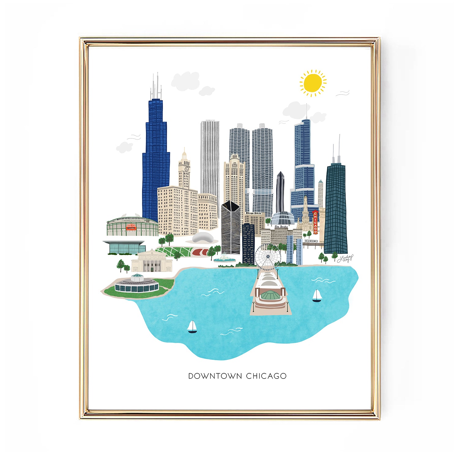 downtown chicago cityscape design illustration art print poster lindsey kay collective