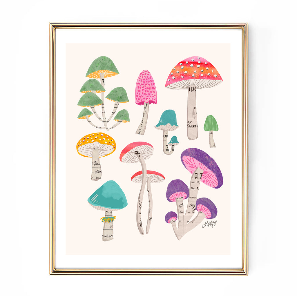 colorful mushrooms collage illustration art print nature wall decor lindsey kay collective