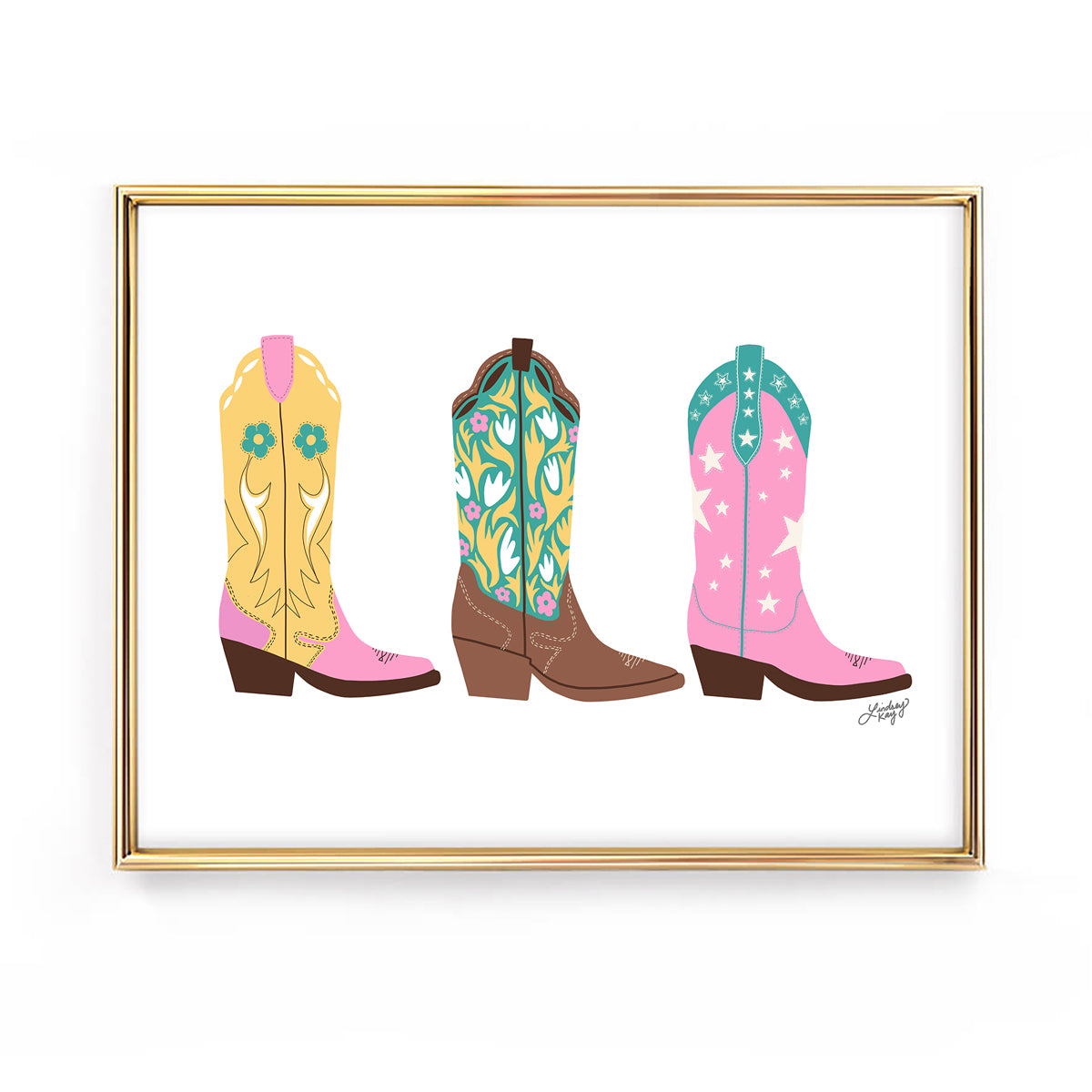 cowboy boots illustration art print poster pink yellow turquoise trendy poster wall art lindsey kay collective