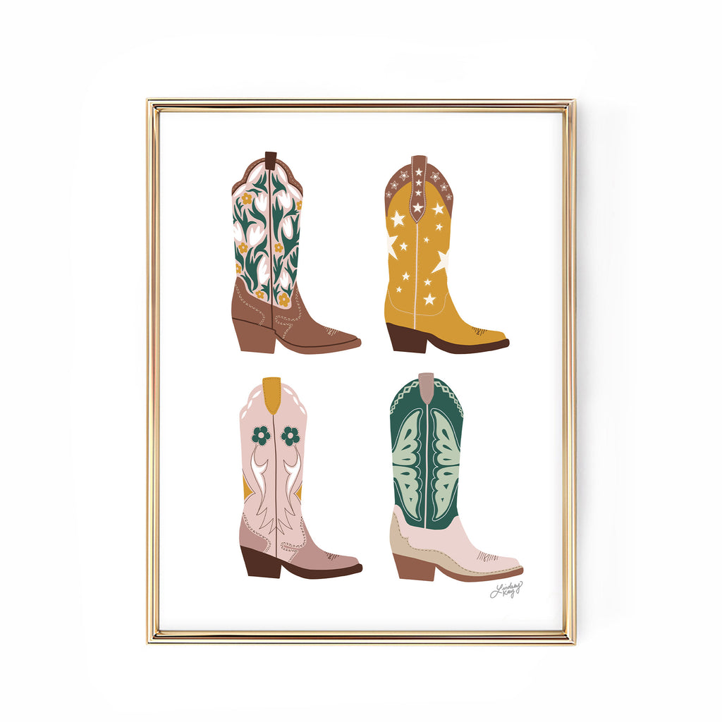 cowboy boots illustration art print poster pink yellow green brown trendy poster wall art lindsey kay collective