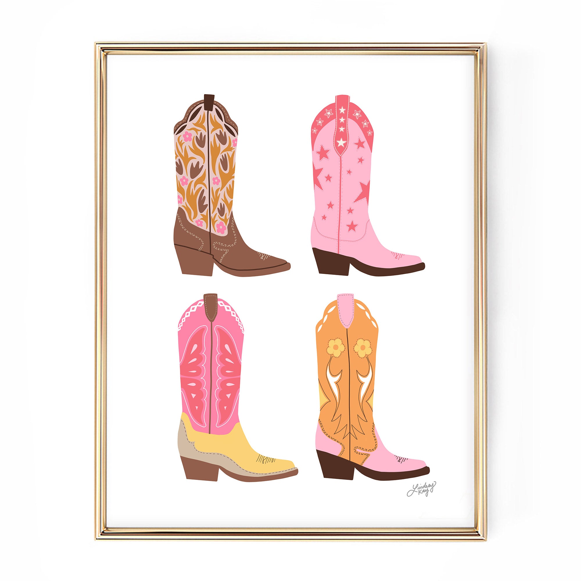 Hand-illustrated western cowgirl boots art print by Lindsey Kay Collective – girly western wall decor for sororities, dorm rooms, or gallery walls – available in four colorful palettes – printed on enhanced matte paper with vibrant inks – available in 10 sizes