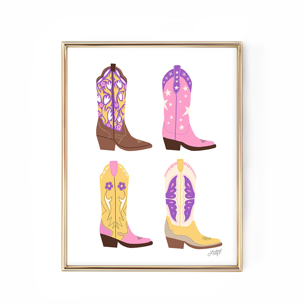 Hand-illustrated western cowgirl boots art print by Lindsey Kay Collective – girly western wall decor for sororities, dorm rooms, or gallery walls – available in four colorful palettes – printed on enhanced matte paper with vibrant inks – available in 10 sizes