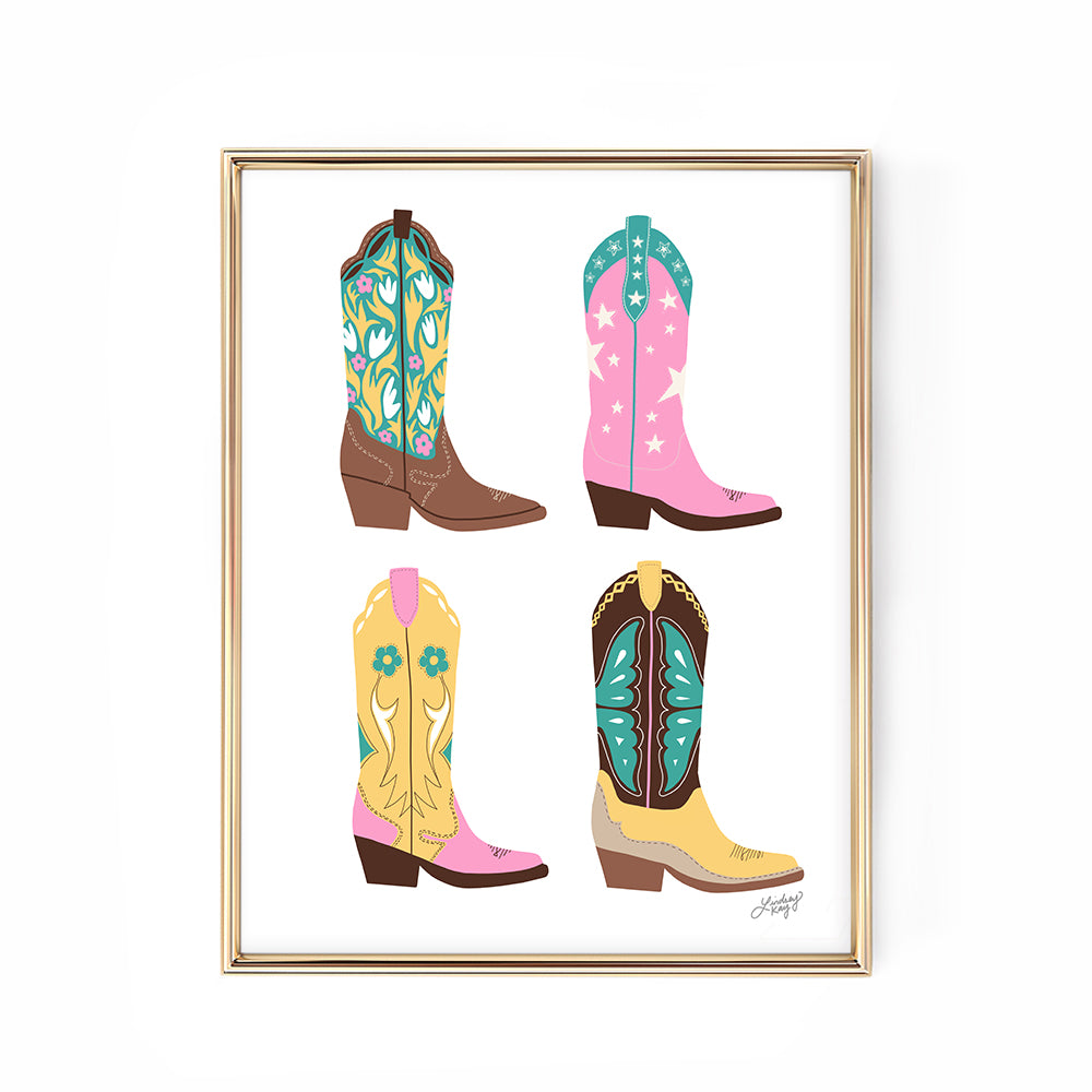Hand-illustrated western cowgirl boots art print by Lindsey Kay Collective – girly western wall decor for sororities, dorm rooms, or gallery walls – available in four colorful palettes – printed on enhanced matte paper with vibrant inks – available in 10 sizes