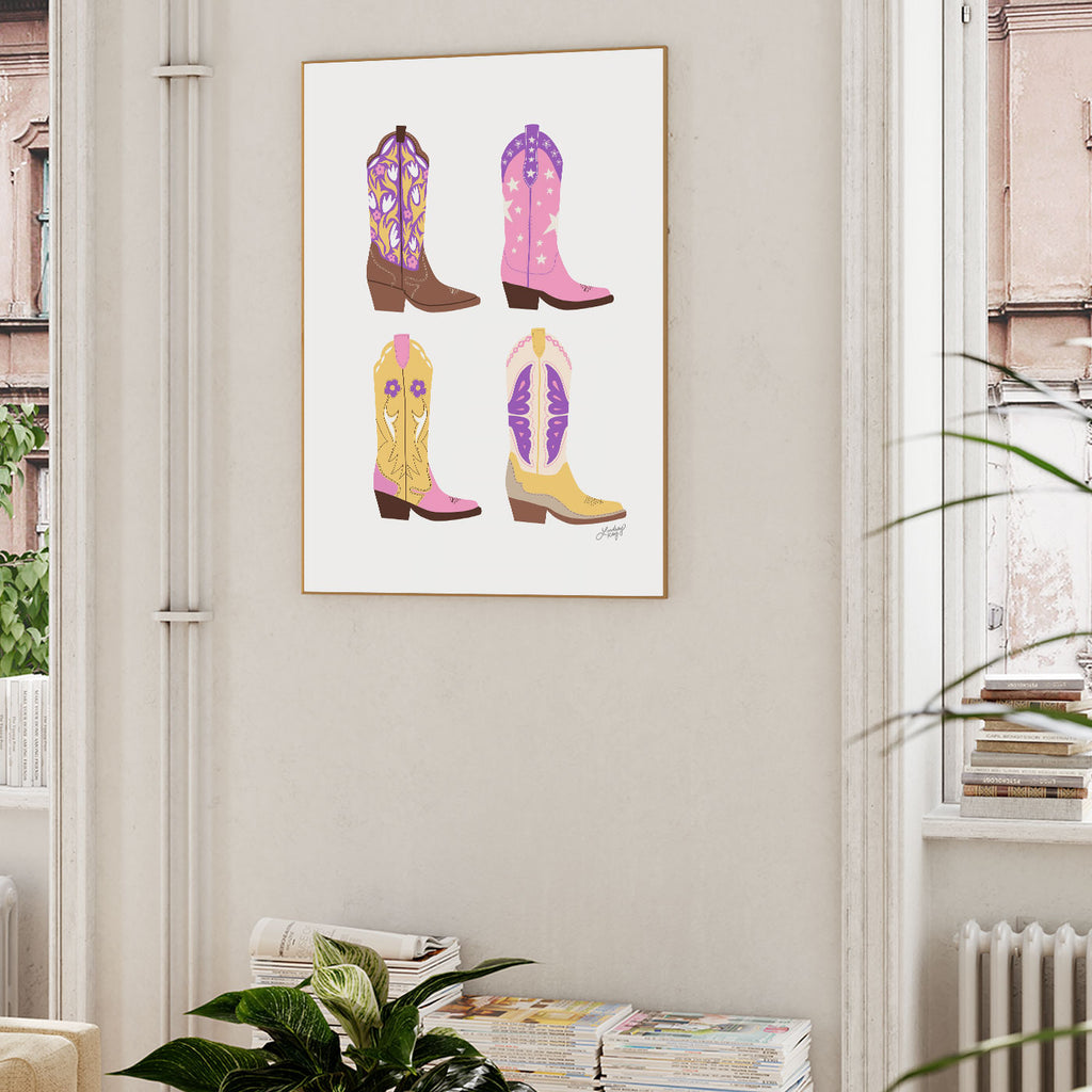 Cowboy Boots Illustration Vertical (Pink/Purple/Yellow Palette) - Art Print