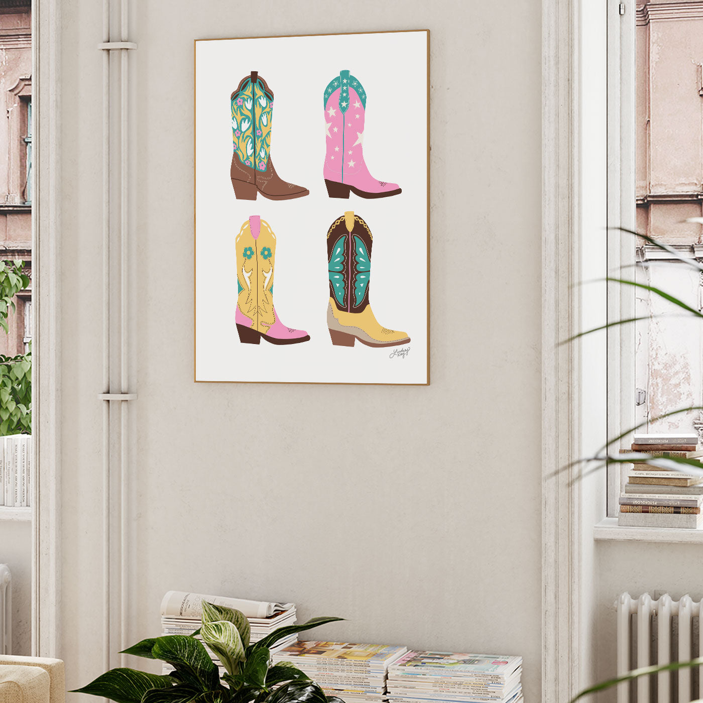 Ilustración de botas de vaquero vertical (paleta rosa/turquesa/amarilla) - Impresión de arte