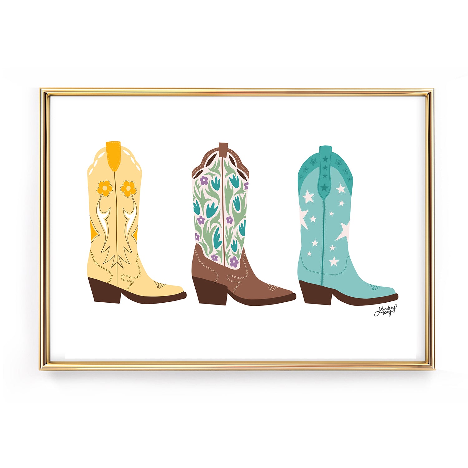 cowboy cowgirl boots blue yellow orange brown illustration art print poster wall art colorful decor artwork dorm room lindsey kay collective