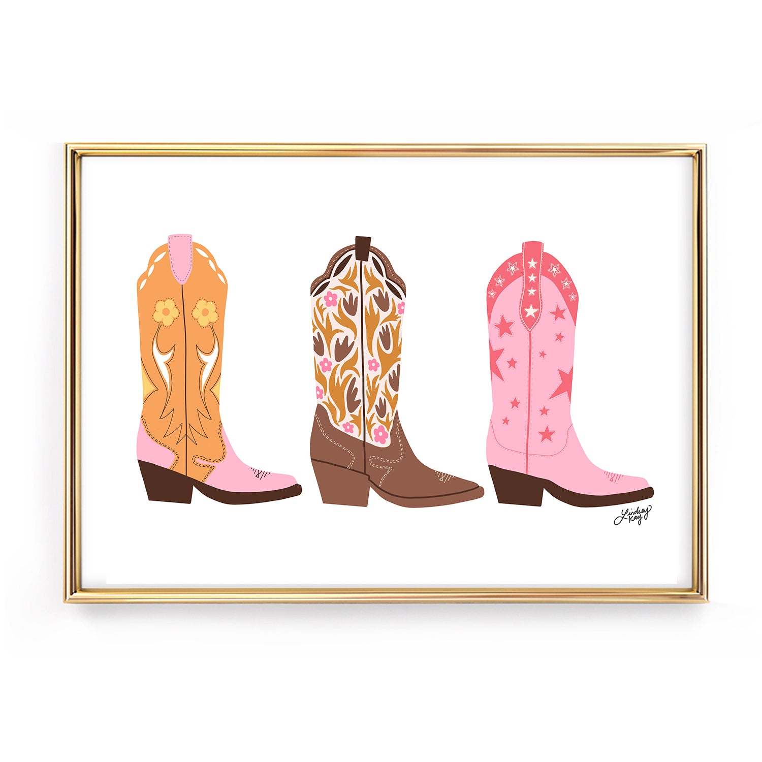 Hand-illustrated western cowgirl boots art print by Lindsey Kay Collective – girly western wall decor for sororities, dorm rooms, or gallery walls – available in four colorful palettes – printed on enhanced matte paper with vibrant inks – available in 10 sizes