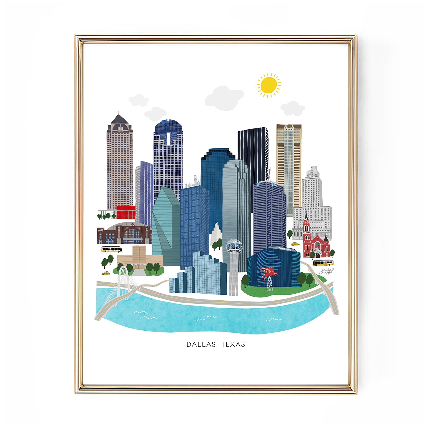 Hand-illustrated Dallas Texas skyline cityscape art print by Lindsey Kay Collective – modern colorful city wall art – perfect for Dallas homes, Texas decor, gallery walls, dorm rooms, or offices – printed on enhanced matte paper with vibrant inks – available in 10 sizes