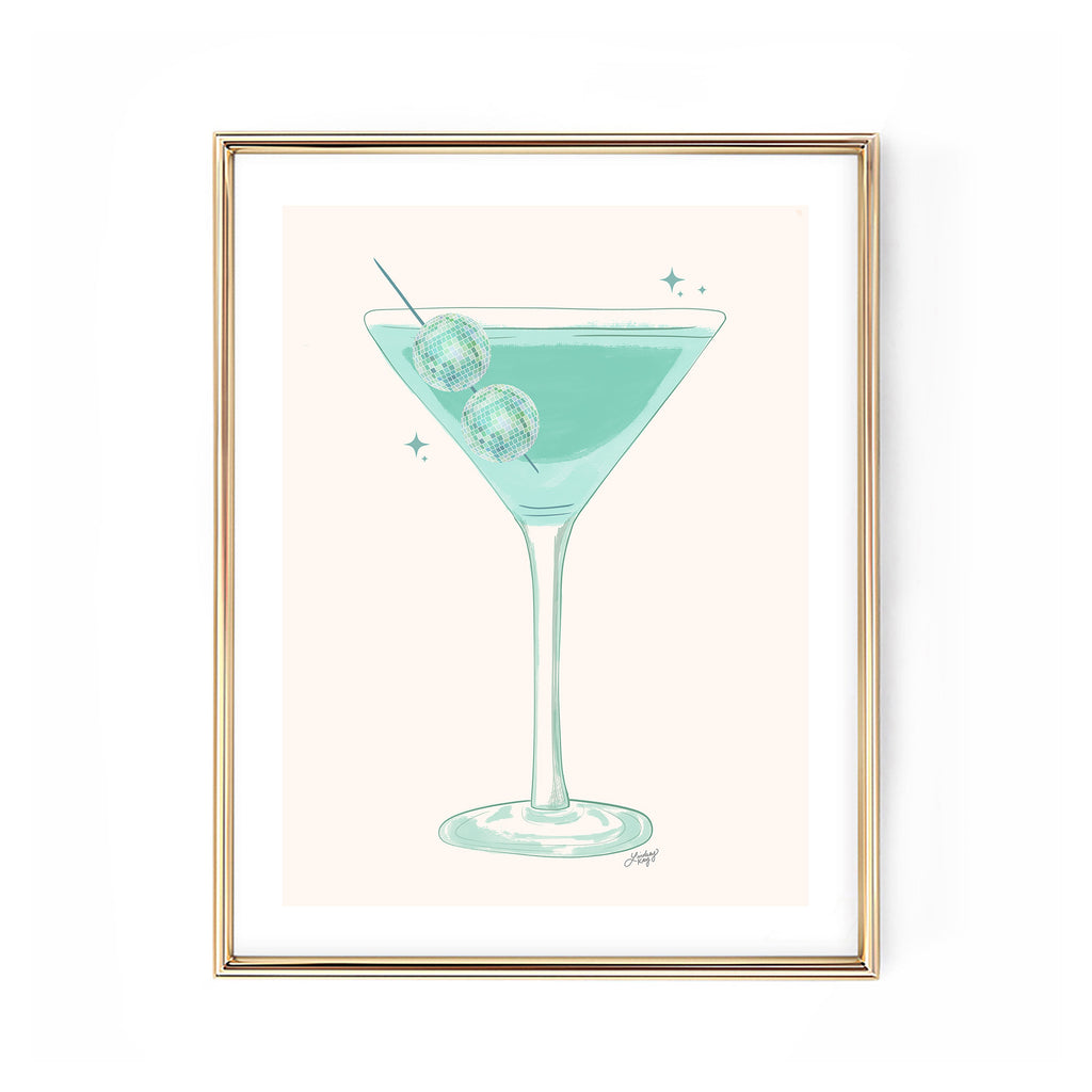 disco ball martini glass green illustration party alcohol bart cart 70s art print wall art poster Lindsey Kay Collective